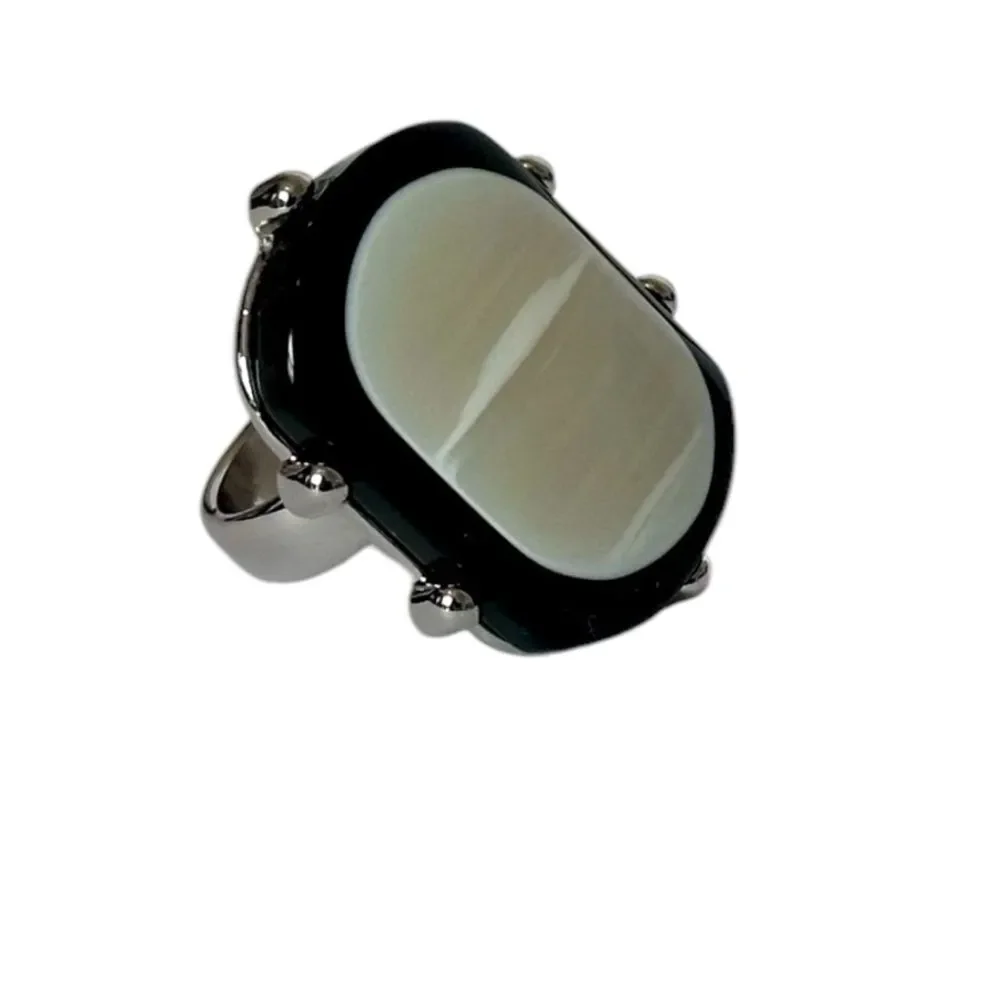 Black and White Lucite Faux Mother-of-Pearl Statement Ring